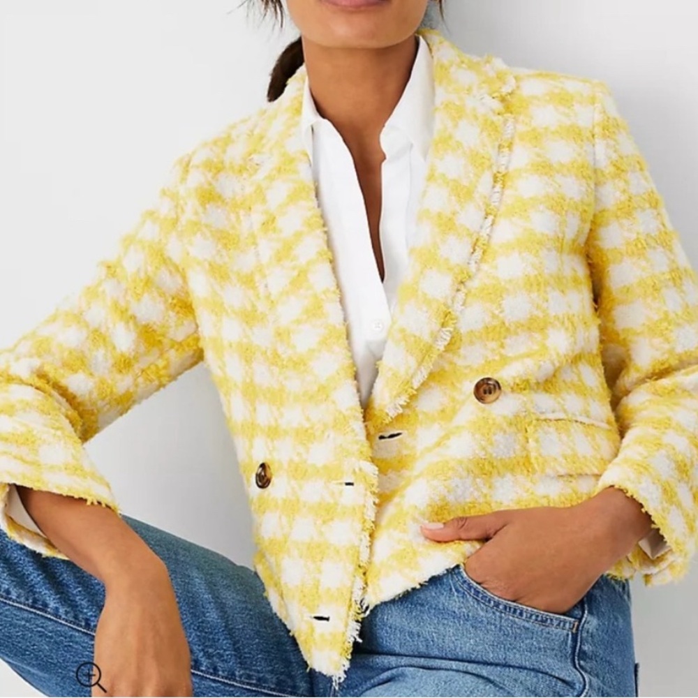 Ann Taylor Yellow and White Plaid Blazer